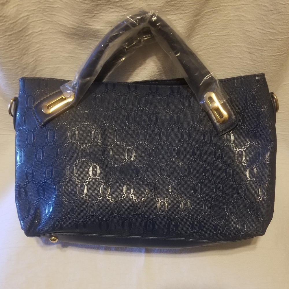 Matching set of 3 textured dark blue purses w chocolate brown interiors - Picture 6 of 10